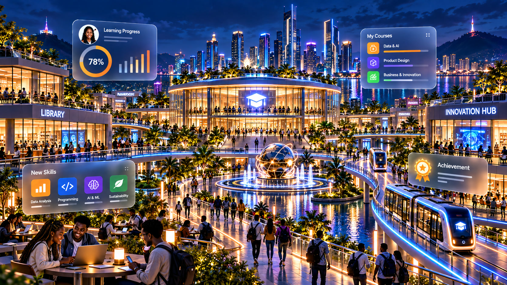 Conceptual smart campus illustration at night, with neon reflections, learning spaces and glass information panels