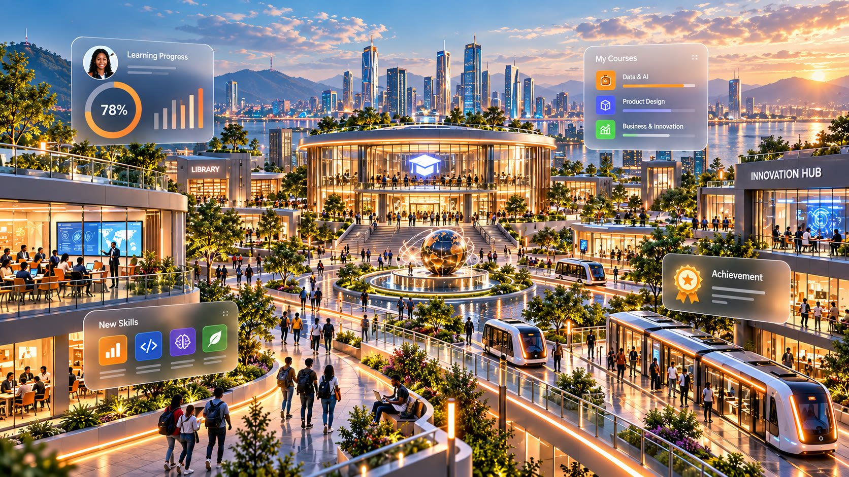 Conceptual smart campus illustration at sunset, with learning spaces and glass information panels