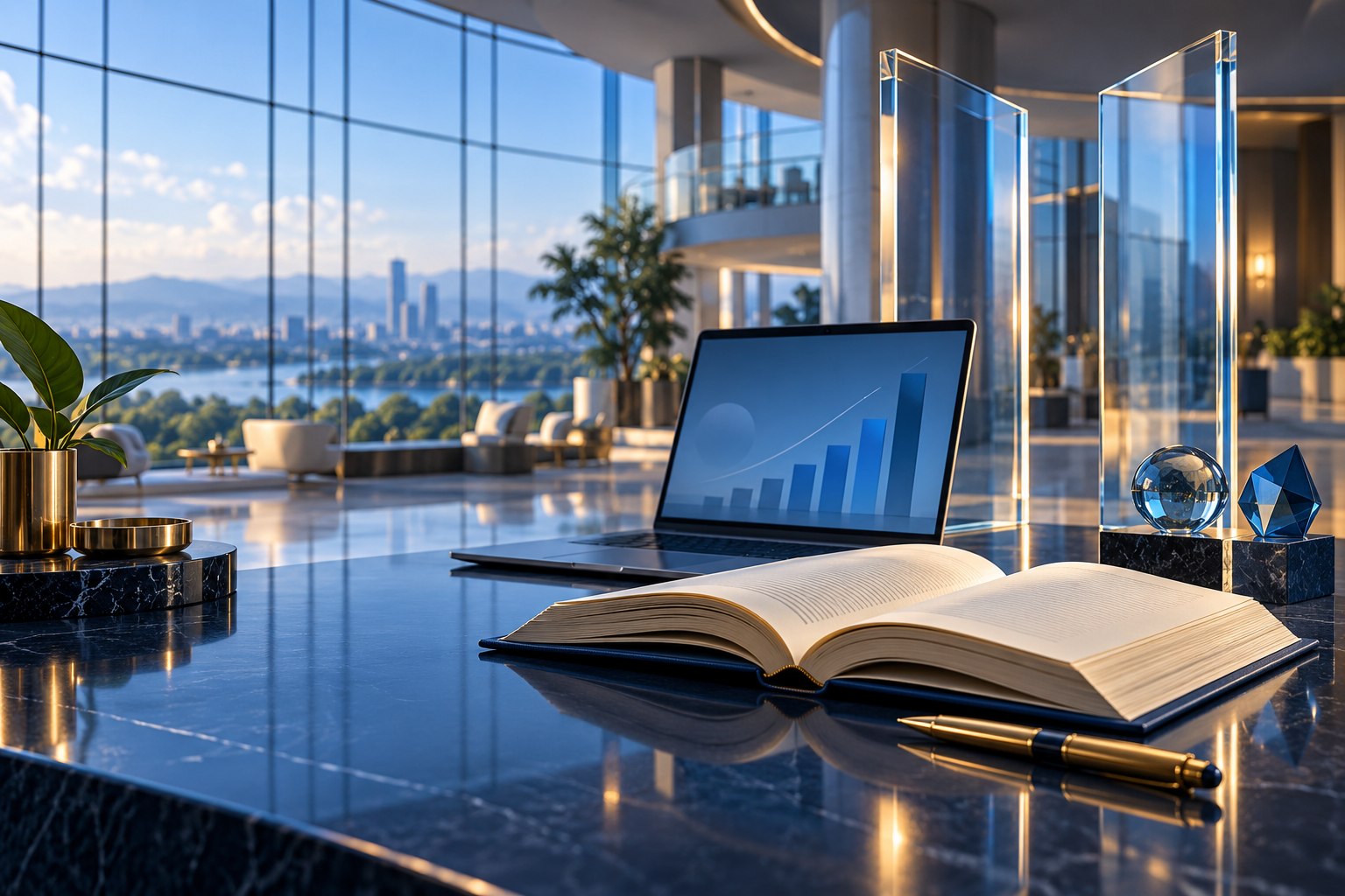 Conceptual learning illustration: an open book, laptop and luminous glass doors